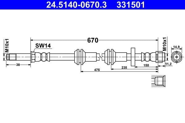 Remleiding/slang flexibel Voor Links/Rechts (lengte 670mm, M10x1/M10x1) past: AUDI A6 C7, A7 1.8-4.0 10.10-09.18