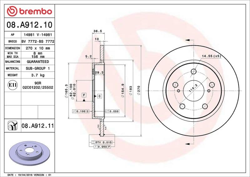Brake disc Achter Links/Rechts past: TOYOTA AURIS, COROLLA 1.2-2.2D 10.06-08.19