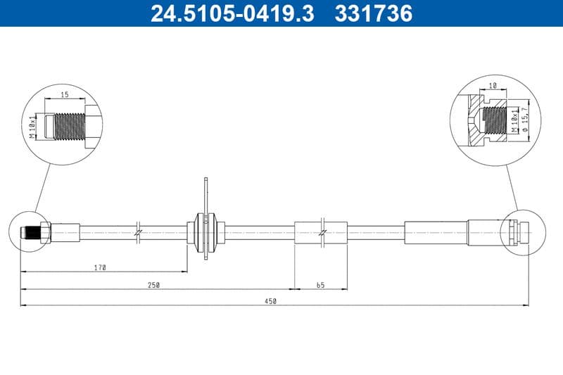 Remleiding/slang flexibel Achter Links/Rechts (lengte 450mm, M10x1) past: FORD FOCUS III 1.0-Electric 07.10-02.20
