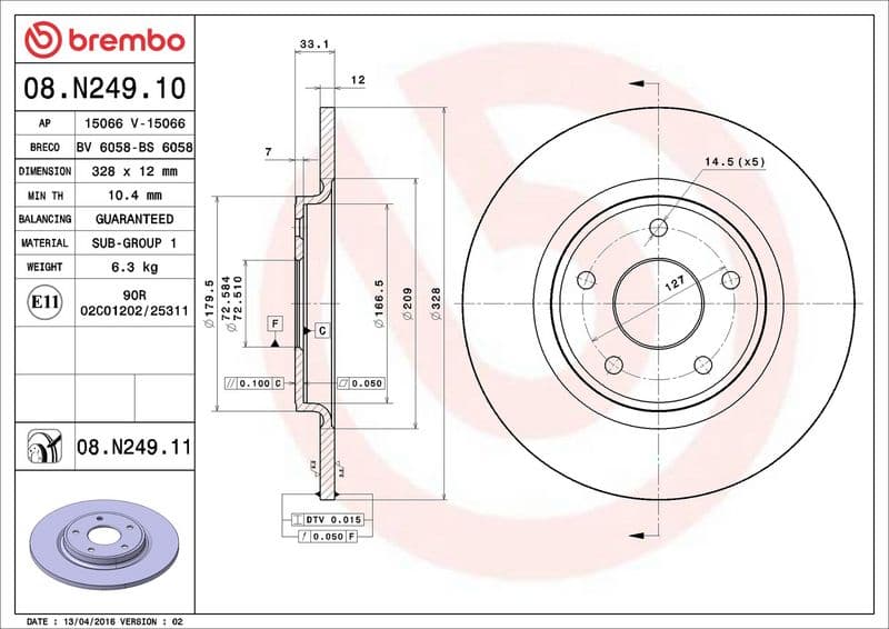 Brake disc Achter Links/Rechts past: CHRYSLER TOWN & COUNTRY, VOYAGER V  DODGE JOURNEY 2.4-4.0 10.07-