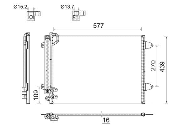 A/C condensator (met droger) past: VW CC B7, PASSAT ALLTRACK B7, PASSAT B6, PASSAT B7 1.6-2.0D 03.05-12.16