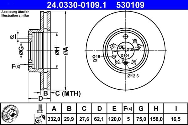 Brake disc, 1pcs, ATE PowerDisc, Geventileerd, Cut, Voor   Links/Rechts, buitendiameter 332 mm, dikte 29,9 mm, past: BMW X3 (E83), X5 (E53) 3.0/3.0D/4.4 01.00-08.11