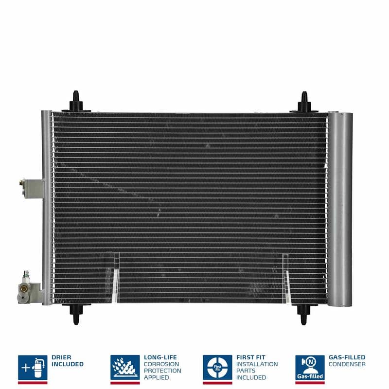 A/C condensator (met droger, (EN) additional fitting elements) past: CITROEN BERLINGO, XSARA, XSARA PICASSO  PEUGEOT PARTNER, PARTNER ORIGIN 1.1-Electric 06.96-12.15