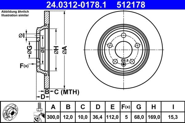 Brake disc, 1pcs, ATE PowerDisc, vol, Cut, Achter   Links/Rechts, buitendiameter 300 mm, dikte 12 mm, past: AUDI A4 ALLROAD B8, A4 B8, A5, A6 C7, A7, Q5 1.8-4.2 06.07-09.18