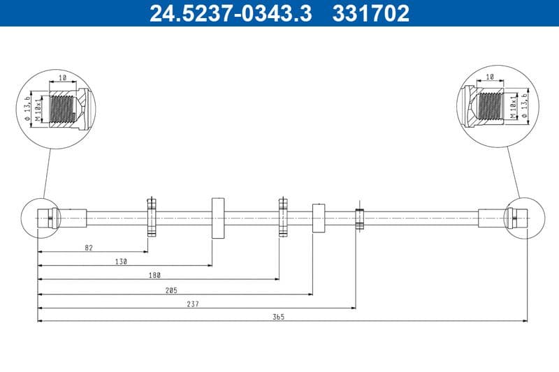 Remleiding/slang flexibel Voor Rechts (lengte 365mm, M10x1/M10x1) past: VW TRANSPORTER T4 1.9D-2.8 07.90-06.03