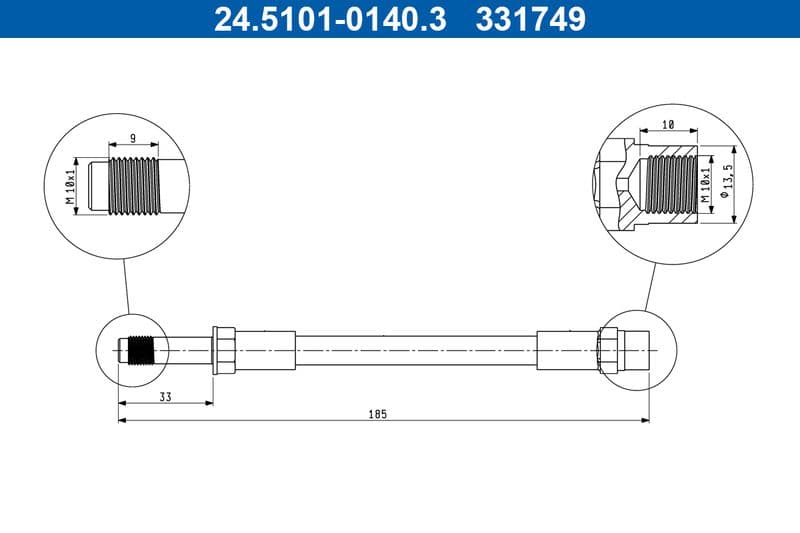 Remleiding/slang flexibel Achter Links/Rechts (lengte 185mm, M10x1) past: FORD GALAXY I, GALAXY MK I  SEAT ALHAMBRA  VW SHARAN 1.8-2.8 03.95-03.10