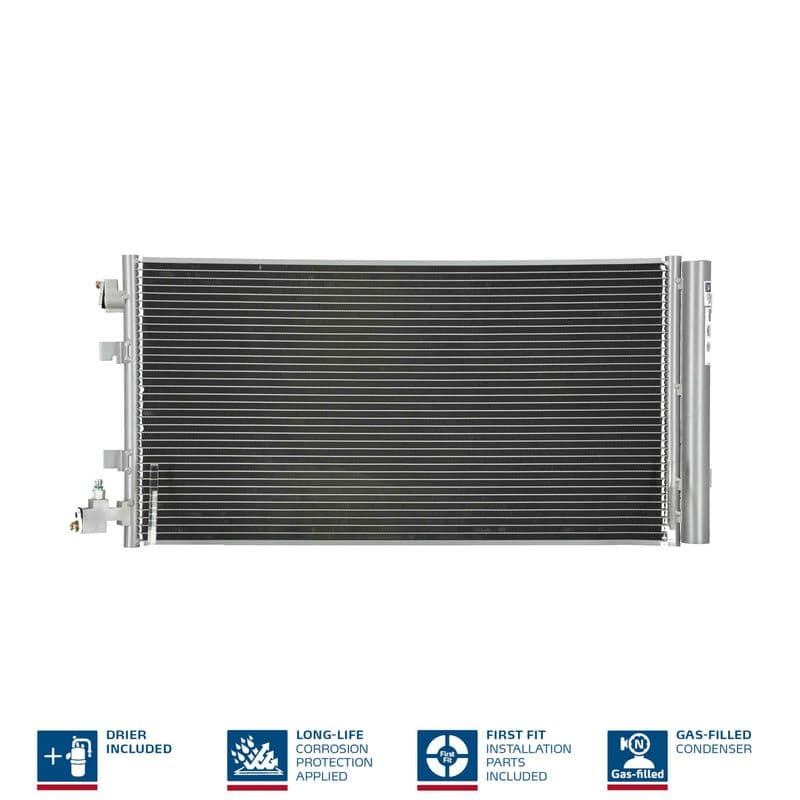 A/C condensator (met droger, (EN) additional fitting elements) past: RENAULT FLUENCE, GRAND SCENIC III, MEGANE, MEGANE III, SCENIC III 1.4-2.0D 11.08-