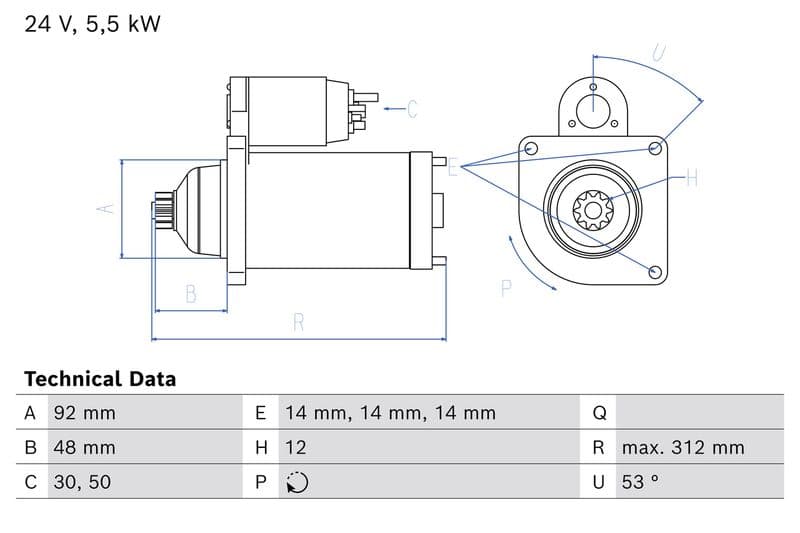 Starter (24V, 5,5kW, gereviseerd) past: RVI KERAX, MAGNUM  VOLVO 8700, 9700, 9900, B12, B13, FH, FH II, FH III, FH12, FH16, FH16 II, FM, FM II, FM III, FM12, FMX, FMX II 12.1D/12.8D/16.1D 01.92-