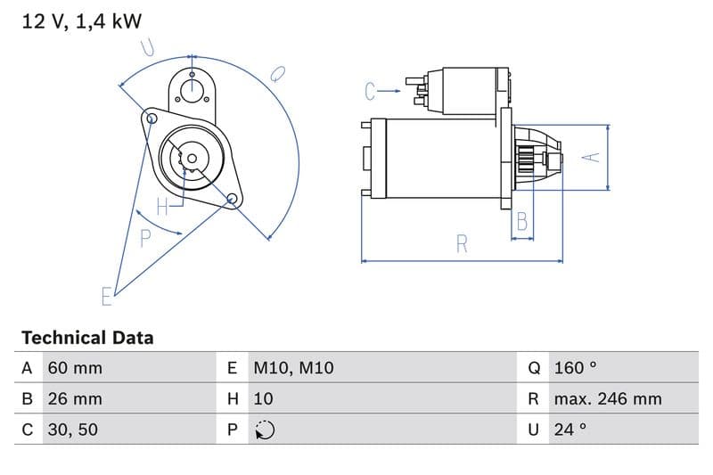 Starter (12V, 1,4kW, gereviseerd) past: MERCEDES C (CL203), C T-MODEL (S202), C T-MODEL (S203), C (W202), C (W203), CLK (A208), CLK (A209), CLK (C208), CLK (C209), E T-MODEL (S210) 2.4-4.3 12.96-