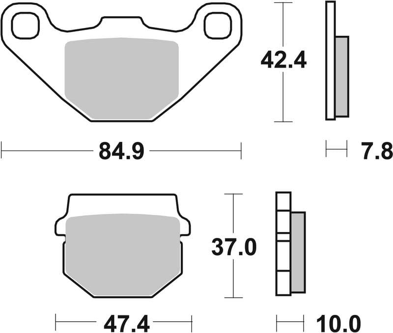 Brake pads Achter/Voor, beoogd gebruik: route, materiaal: keramisch / koolstof-18, 37/42,4x84,9x7,8/10mm past: ADLY CAT, G-SHOCK, SUPER SONIC, THUNDERBIKE  APRILIA RS4, SX  BOMBARDIER RALLY 50-250