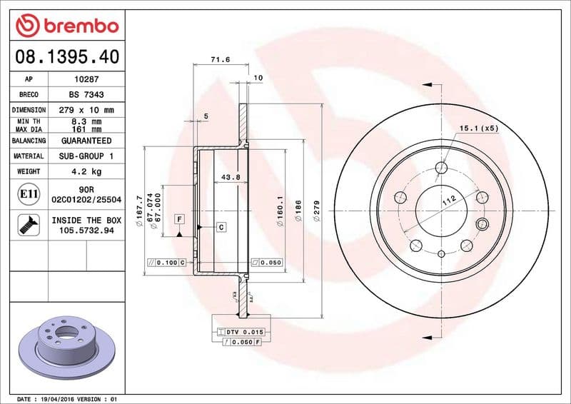 Brake disc Achter Links/Rechts past: MERCEDES /8 (W114), /8 (W115), 123 (C123), 123 (W123), 123 T-MODEL (S123), CABRIOLET (W111, W112), PAGODE (W113), S (C126), S (W108, W109) 2.0-6.8 01.63-06.91