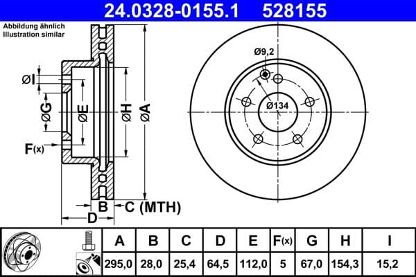 Brake disc, 1pcs, ATE PowerDisc, Geventileerd, Cut, Voor   Links/Rechts, buitendiameter 295 mm, dikte 28 mm, past: MERCEDES C (C204), C (W204), C T-MODEL (S204), E (A207) 1.6-3.0 01.07-