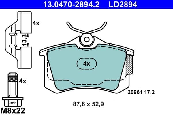 Keramische remblokken Achter (met extra's  met remklauw geleidingsbouten), past: AUDI A2, A3, A4 B5, TT  RENAULT MEGANE II, THALIA II, TWINGO II  SEAT AROSA, CORDOBA, CORDOBA VARIO 1.0-3.2 05.86-