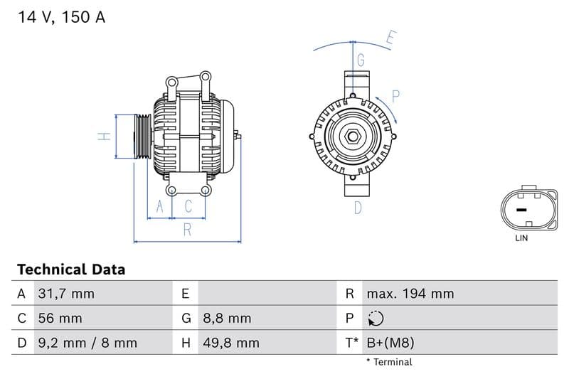 Dynamo (14V, 150A, gereviseerd) past: MERCEDES C (C204), C T-MODEL (S204), C (W204), E (A207), E (C207), E T-MODEL (S212), E (W212), GLK (X204), M (W166) 2.2D/3.5 08.08-