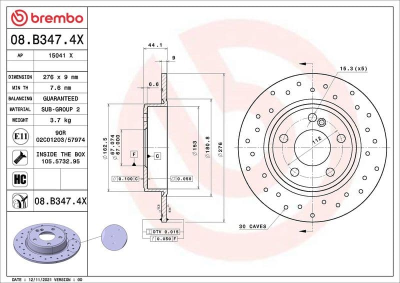 Brake disc, BREMBO Xtra, 1pcs, Drilled, Achter, buitendiameter 276 mm, dikte 9 mm, past: MERCEDES A (W176), B SPORTS TOURER (W246, W242), CLA (C117) 1.5D-2.2D 11.11-03.19