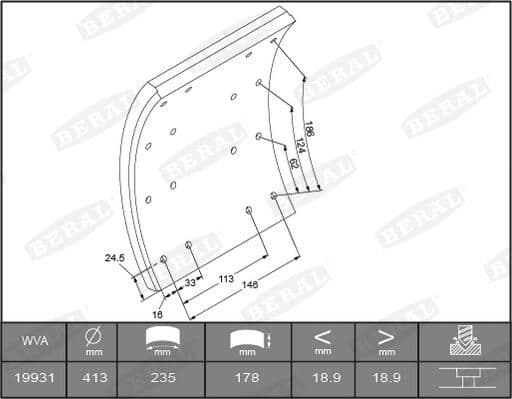 Brake shoe lining Achter/Voor (413x178. 1-overmaat) past: SCANIA 3, 3 BUS, 4 01.88-