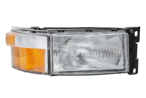 Koplamp Rechts (H4/P21W, elektrisch, zonder motor, met RHD  voor links verkeer, kleur invoegen: zilver, kleur indicator: geel) past: SCANIA 4, G I, P I, R I, T 05.95-05.19