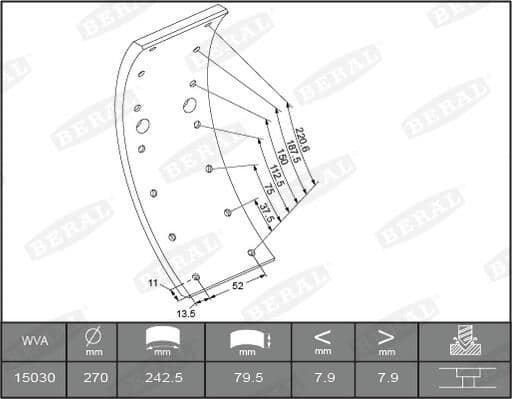 Brake shoe lining Achter (270x79. basis) past: MERCEDES T2/L, T1/TN, T2/LN1  IVECO DAILY I, DAILY II 01.70-05.99