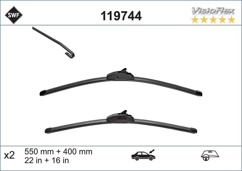 Wisserblad voegloos Voor met spoiler (2pcs) Visioflex 550/400mm past: CHEVROLET AVEO / KALOS  DACIA DOKKER, LODGY  FORD FIESTA V, FUSION  KIA RIO II  SUZUKI SWIFT IV  TOYOTA COROLLA 11.01-