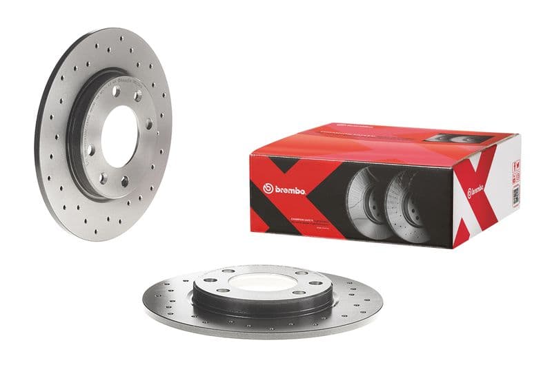 Brake disc, BREMBO Xtra, 1pcs, Drilled, Achter   Links/Rechts, buitendiameter 247 mm, dikte 8 mm, past: CITROEN SAXO, XSARA, ZX  PEUGEOT 106 II, 206, 207, 306 1.1-2.0D 03.91-