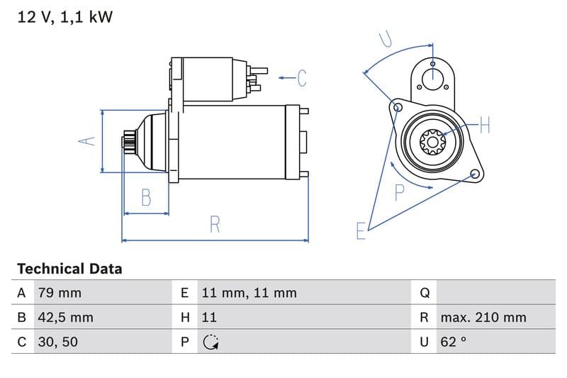 Starter (12V, 1,1kW, gereviseerd) past: AUDI A3, Q3, TT  SEAT ALHAMBRA, ALTEA XL, LEON, LEON SC, LEON ST  SKODA KODIAQ I, OCTAVIA II, OCTAVIA III, SUPERB II, SUPERB III, YETI 1.4/1.8/2.0 10.05-