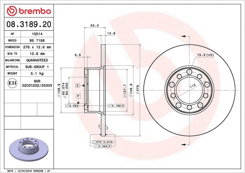 Brake disc Voor Links/Rechts past: MERCEDES /8 (W114), /8 (W115), 123 (C123), 123 (W123), 123 T-MODEL (S123) 2.0-3.0D 01.68-12.85