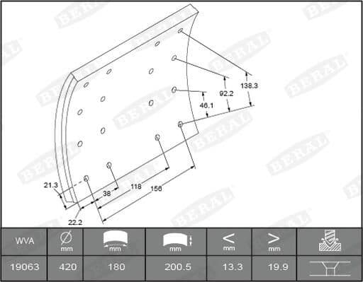 Brake shoe lining Achter (420x200. basis) past: DAF 65, 65 CF, 75, 75 CF, 85, 85 CF, 95, 95 XF, CF 65, F 2300, F 2700, F 2900, SB 07.78-