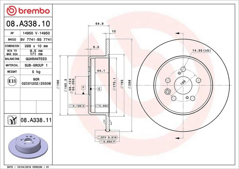 Brake disc Achter Links/Rechts past: TOYOTA AVENSIS 1.6-2.0D 09.97-02.03