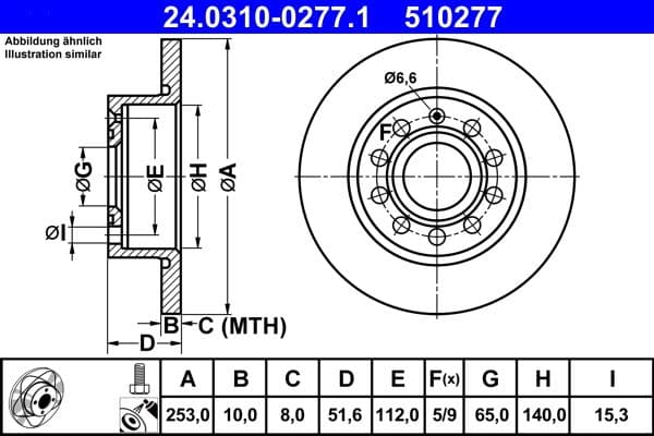 Brake disc Achter Links/Rechts past: AUDI A3  SEAT ALTEA, ALTEA XL, LEON, LEON SC, LEON ST, TOLEDO III  SKODA OCTAVIA II, OCTAVIA III, YETI  VW BEETLE, CADDY, CADDY III, EOS 1.0-Electric 02.98-