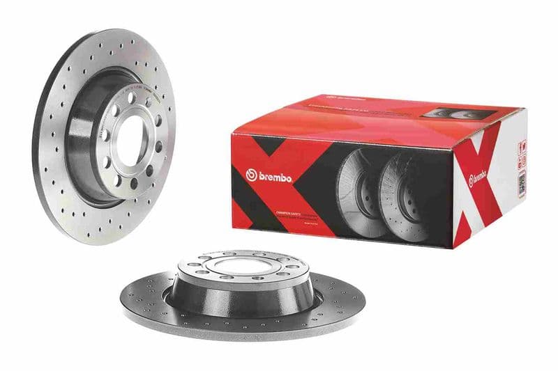 Brake disc, BREMBO Xtra, 1pcs, Drilled, Achter   Links/Rechts, buitendiameter 282 mm, dikte 12 mm, past: AUDI A3, Q3  SEAT ALHAMBRA, ALTEA, ALTEA XL, LEON, TOLEDO III 1.2-3.6 02.03-
