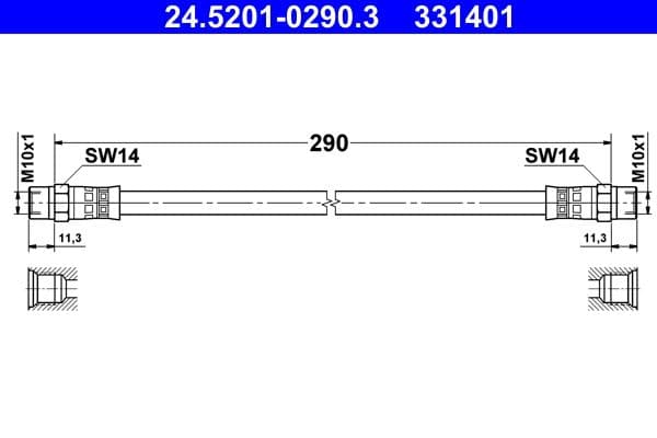 Remleiding/slang flexibel Voor Links/Rechts (lengte 290mm, M10x1/M10x1) past: BMW 1502-2002 (E10), 2500-3.3 (E3), 2.5-3.2 (E9), 3 (E21), 3 (E30), 5 (E12), 6 (E24), 7 (E23) 1.6-3.5 09.67-12.91