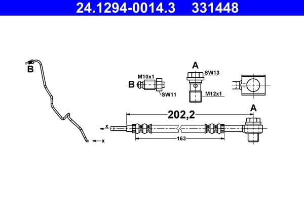 Remleiding/slang flexibel Achter Links (lengte 202,2mm, M10x1) past: AUDI A1  SEAT IBIZA IV, IBIZA IV SC, IBIZA IV ST  VW POLO V, POLO VIVO 1.0-2.0D 03.08-05.22