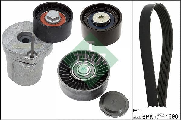 V-snaren set (met rollen) past: BMW 1 (E81), 1 (E82), 1 (E87), 1 (E88), 3 (E90), 3 (E91), 3 (E92), 3 (E93) 2.0D/3.0D 06.04-12.13