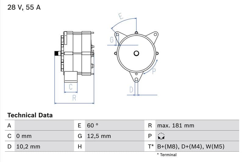 Dynamo (28V, 55A, gereviseerd) past: DAF 45, 55, 65, 65 CF, 75, 75 CF, 85, 85 CF, 95, 95 XF  MAN E2000, F2000, F8, F90, F90 UNTERFLUR, G90, L2000, M 2000 L, M 2000 M, M90 ADE314N-XF355M 01.70-