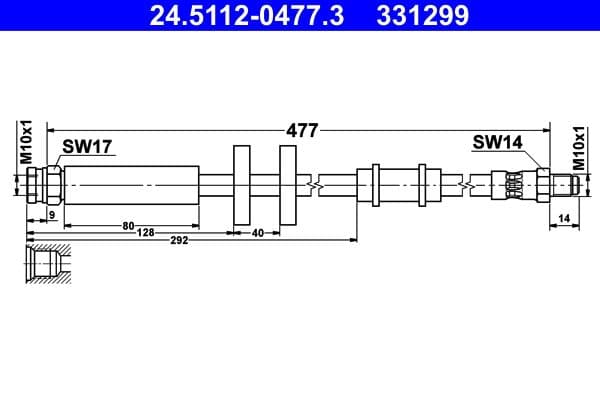Remleiding/slang flexibel Voor Links/Rechts (lengte 477mm, M10x1/M10x1) past: CITROEN JUMPER I, JUMPER II  FIAT DUCATO  PEUGEOT BOXER 1.9D-2.8D 02.94-