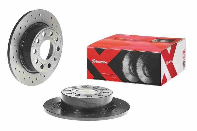 Brake disc, BREMBO Xtra, 1pcs, Drilled, Achter   Links/Rechts, buitendiameter 253 mm, dikte 10 mm, past: AUDI A3  DAEWOO LANOS  OPEL CALIBRA A  SEAT ALTEA, ALTEA XL, LEON 1.0-Electric 08.89-