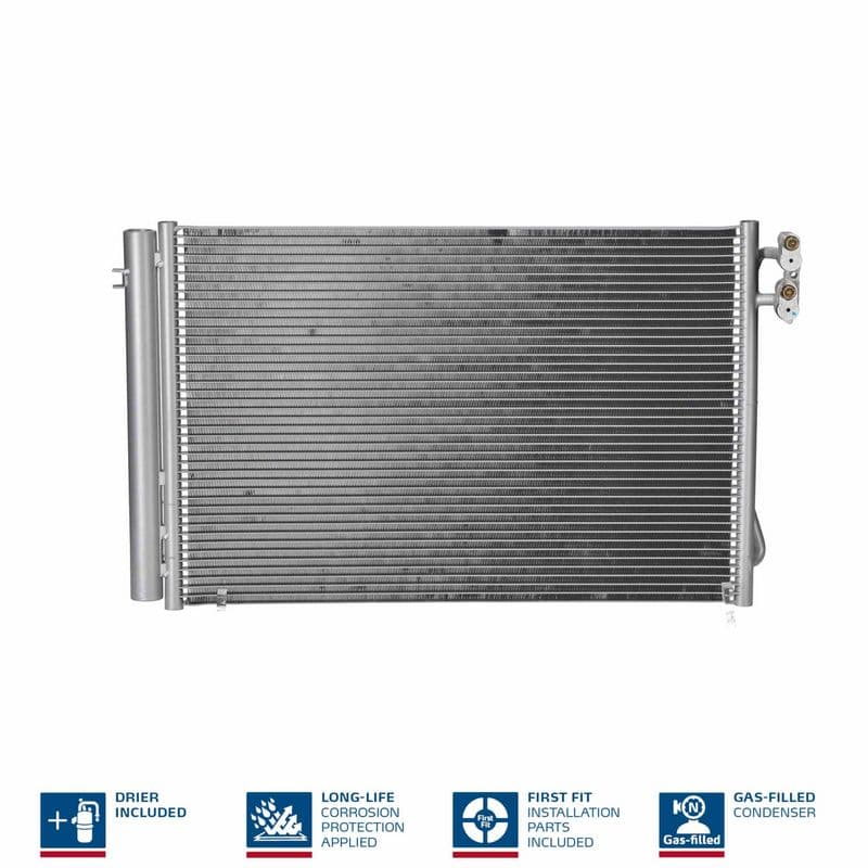 A/C condensator (met droger, (EN) additional fitting elements) past: BMW 1 (E81), 1 (E82), 1 (E87), 1 (E88), 3 (E90), 3 (E91), 3 (E92), 3 (E93), X1 (E84), Z4 (E89) 1.6-4.4 06.04-08.16