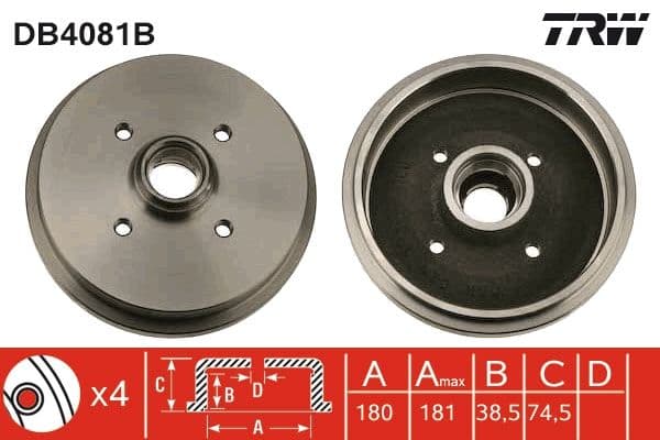 Brake drum Achter past: AUDI 50, 80 B1, 80 B2, COUPE B2  SEAT AROSA, CORDOBA, CORDOBA VARIO, IBIZA II, TOLEDO I  VW DERBY, GOLF I, GOLF II, JETTA I, JETTA II, LUPO I, PASSAT B1 0.8-2.2 05.72-07.05