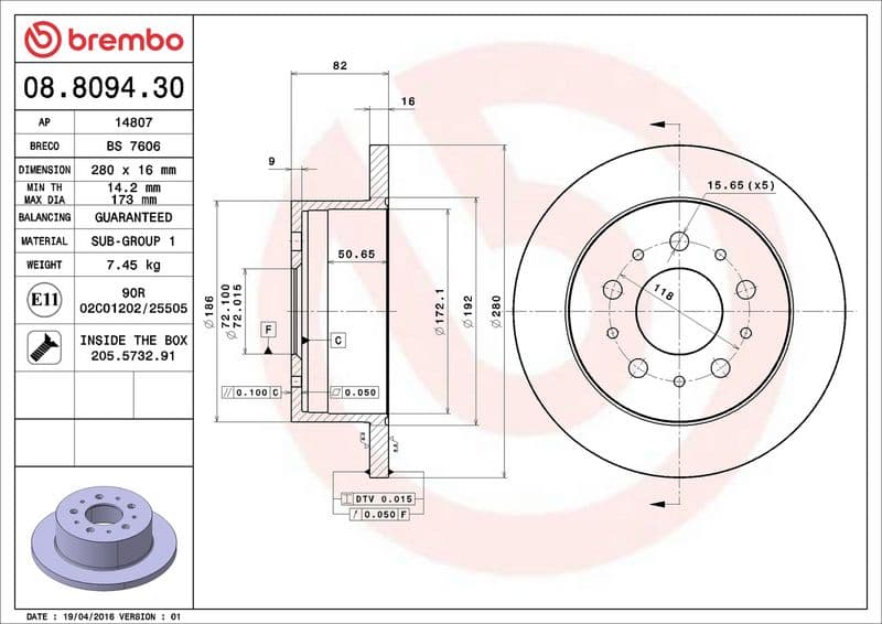 Brake disc Achter Links/Rechts past: CITROEN JUMPER I, JUMPER II, JUMPER III  FIAT DUCATO  FORD TRANSIT V363  OPEL MOVANO C  PEUGEOT BOXER  VW MULTIVAN T5, PHAETON 1.9D-Electric 02.94-