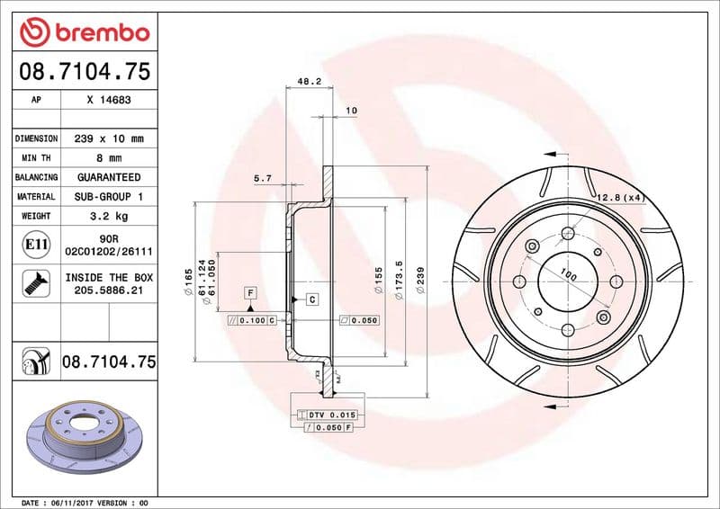 Brake disc, BREMBO Max, 1pcs, Cut, Achter   Links/Rechts, buitendiameter 239 mm, dikte 10 mm, past: ACURA INTEGRA  HONDA ACCORD III, CIVIC IV, CIVIC VI, CONCERTO, CRX II 1.4-2.0D 01.85-03.01