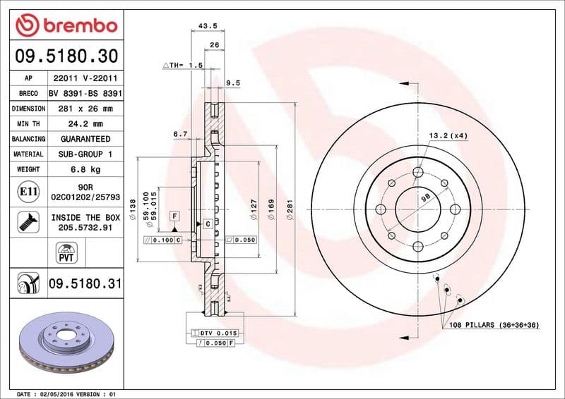 Brake disc Voor Links/Rechts past: ABARTH 500E  ALFA ROMEO MITO  FIAT 500E, BRAVO II, STILO  LANCIA DELTA III 1.3D-Electric 10.01-