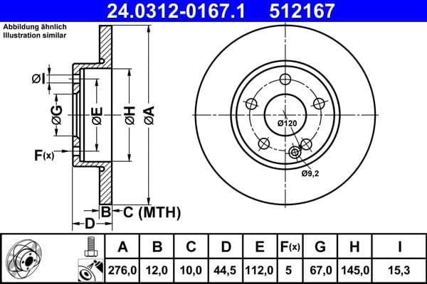 Brake disc, 1pcs, ATE PowerDisc, vol, Cut, Voor   Links/Rechts, buitendiameter 276 mm, dikte 12 mm, past: MERCEDES A (W169) 1.5/2.0D 09.04-06.12
