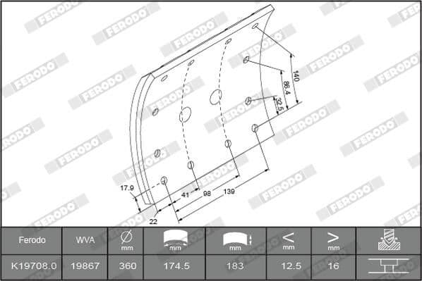 Brake shoe lining Achter/Voor (360x183. basis) past: MAN M 2000 L, M 2000 M, M90, SM 11.87-