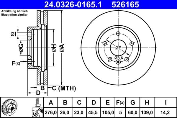 Brake disc, 1pcs, ATE PowerDisc, Geventileerd, Cut, Voor   Links/Rechts, buitendiameter 276 mm, dikte 26 mm, past: CHEVROLET AVEO, BOLT, CRUZE, VOLT  OPEL ASTRA J 1.2-Electric 05.09-