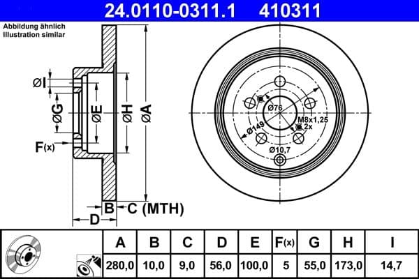 Brake disc Achter Links/Rechts past: TOYOTA AVENSIS 1.6-2.4 01.03-11.08