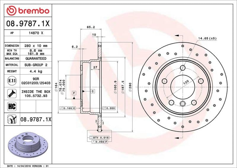 Brake disc, BREMBO Xtra, 1pcs, Drilled, Achter   Links/Rechts, buitendiameter 280 mm, dikte 10 mm, past: BMW 1 (E81), 1 (E87) 1.6/2.0/2.0D 06.04-12.11
