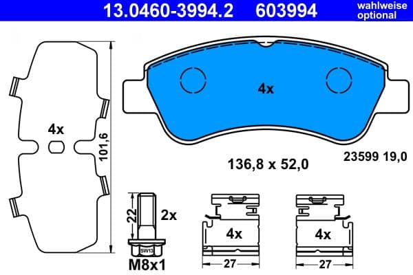 Remblokken set Voor (met extra's  met remklauw geleidingsbouten), past: DS DS 3  CITROEN AMI, BERLINGO, C2, C2 ENTERPRISE, C3 AIRCROSS I, C3 AIRCROSS II, C3 I, C3 II, C3 III 1.0-Electric 05.96-