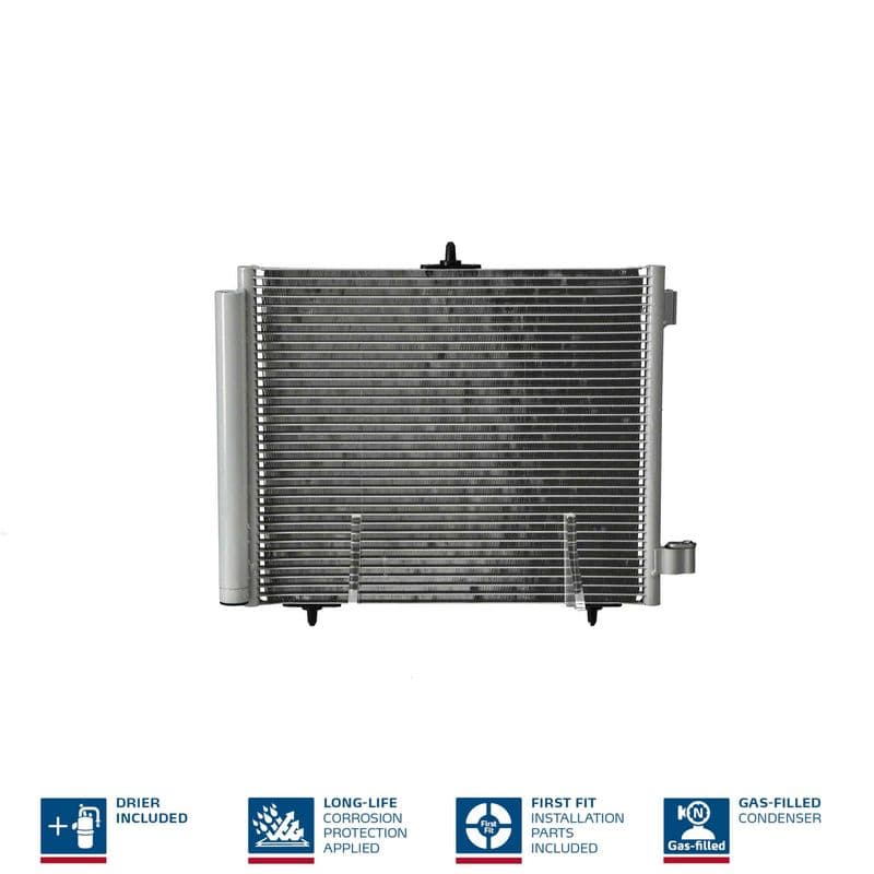 A/C condensator (met droger, (EN) additional fitting elements) past: DS DS 3  CITROEN C2, C2 ENTERPRISE, C3 AIRCROSS I, C3 AIRCROSS II, C3 I, C3 II, C3 III, C3 PLURIEL, C4 CACTUS, DS3 1.0-1.6D 02.02-