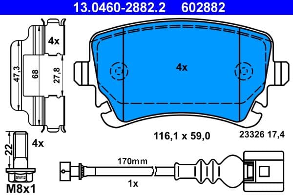 Remblokken set Achter (met extra's  met remklauw geleidingsbouten), past: VW CALIFORNIA T5 CAMPER, CALIFORNIA T6 CAMPER, MULTIVAN T5, MULTIVAN T6, TRANSPORTER T5 1.9D-Electric 04.03-08.24