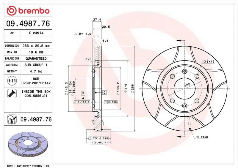 Brake disc, BREMBO Max, 1pcs, Cut, Voor   Links/Rechts, buitendiameter 266 mm, dikte 20,5 mm, past: CITROEN BERLINGO, BX, XANTIA, XSARA, XSARA PICASSO, ZX 1.1-Electric 10.82-12.15